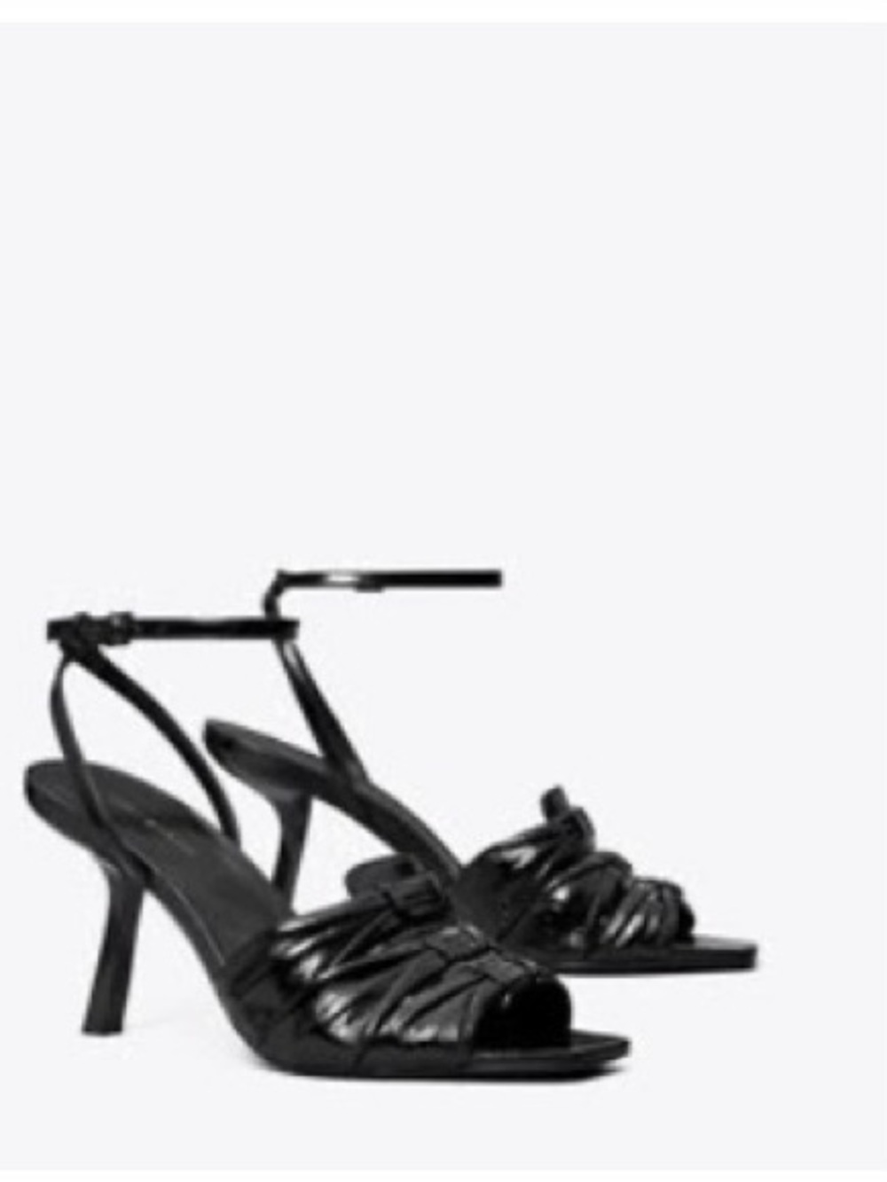 Tory Burch Patent leather Black Ankle-Strap Ruched Heel Sandal 85mm.